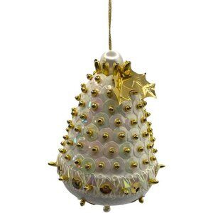 Vtg White Gold Push Pin Beaded Sequins Christmas Ornament Box Style